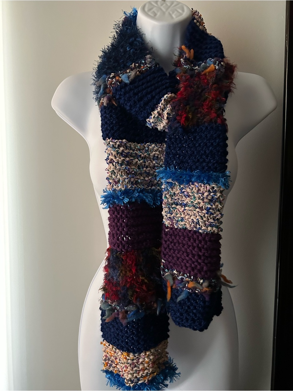 Handcrafted Multicolor Knit Scarf in Navy, Purple & Cream